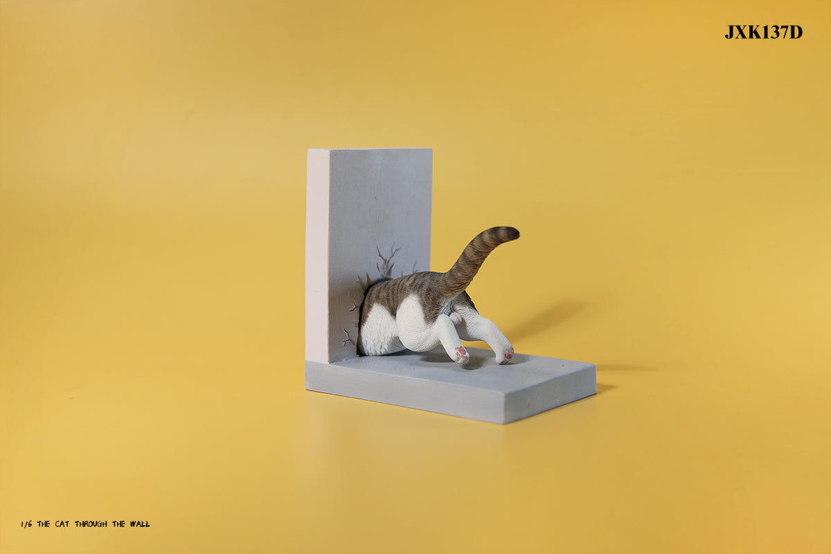 A series of 1/6 scale cat figurines designed to appear as though they are crawling through walls. Each model features different colored cats—black, white, orange, and calico—emerging through a wall, capturing a playful and curious moment.