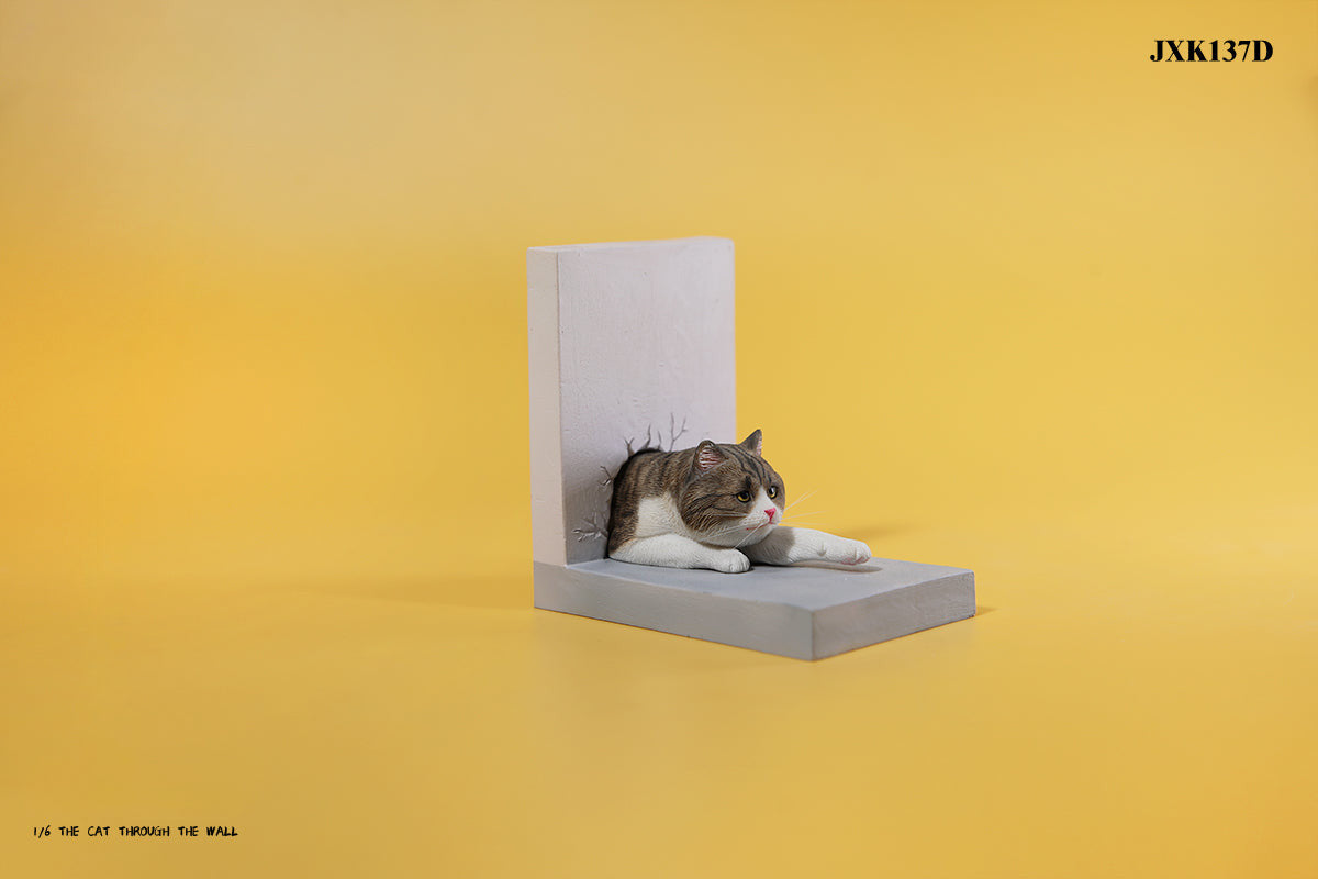 A series of 1/6 scale cat figurines designed to appear as though they are crawling through walls. Each model features different colored cats—black, white, orange, and calico—emerging through a wall, capturing a playful and curious moment.