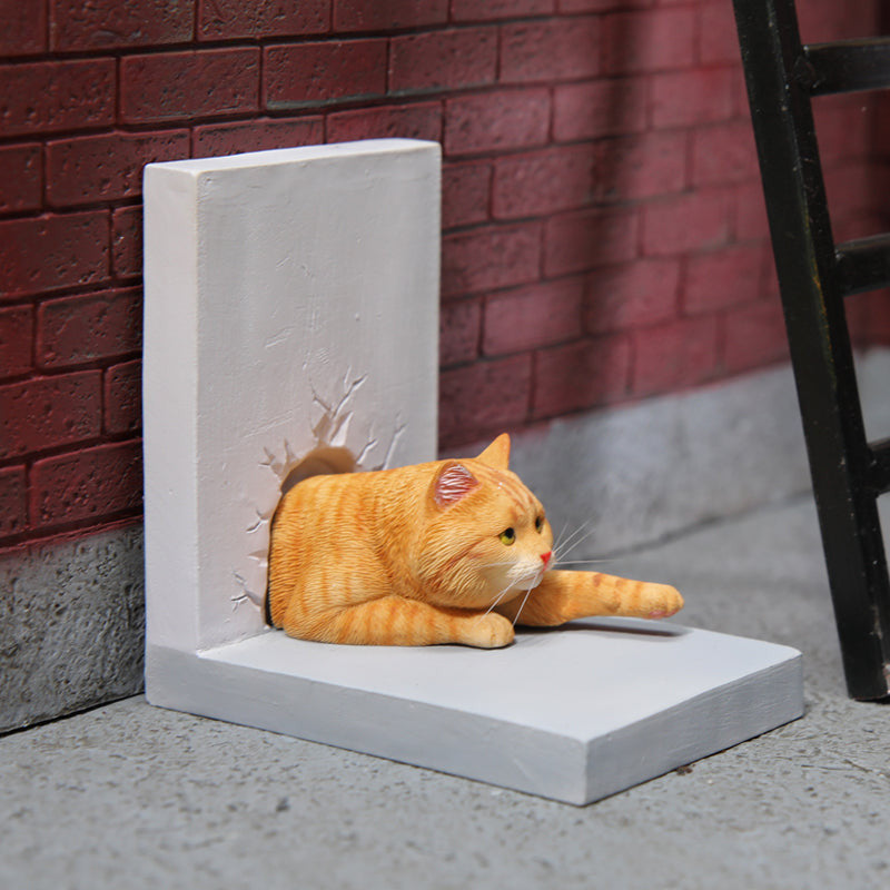 A series of 1/6 scale cat figurines designed to appear as though they are crawling through walls. Each model features different colored cats—black, white, orange, and calico—emerging through a wall, capturing a playful and curious moment.