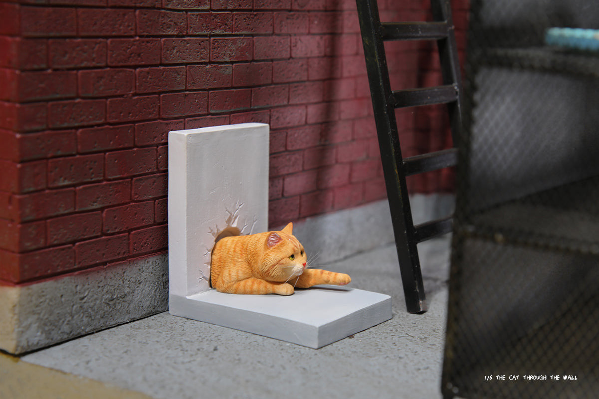 A series of 1/6 scale cat figurines designed to appear as though they are crawling through walls. Each model features different colored cats—black, white, orange, and calico—emerging through a wall, capturing a playful and curious moment.