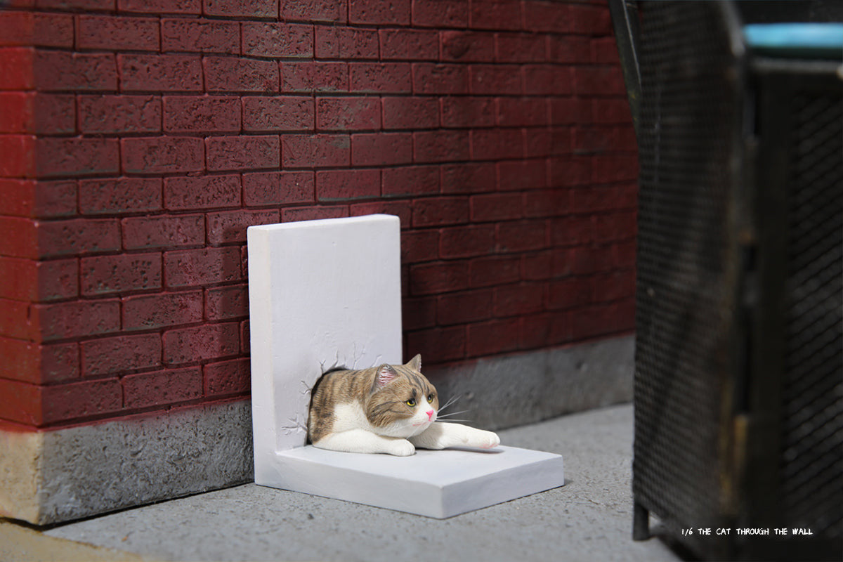 A series of 1/6 scale cat figurines designed to appear as though they are crawling through walls. Each model features different colored cats—black, white, orange, and calico—emerging through a wall, capturing a playful and curious moment.