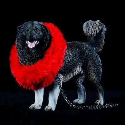 "A lineup of 1/6 scale Caucasian Shepherd Dog resin models in various coat colors, each wearing a distinctive red mane. The models are posed standing, highlighting the breed's robust build and thick fur, set against a black background."