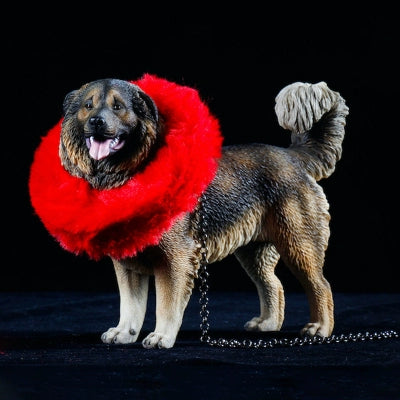 "A lineup of 1/6 scale Caucasian Shepherd Dog resin models in various coat colors, each wearing a distinctive red mane. The models are posed standing, highlighting the breed's robust build and thick fur, set against a black background."