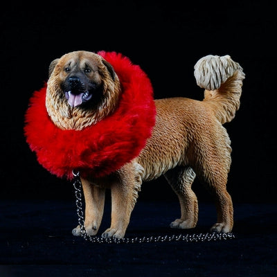 "A lineup of 1/6 scale Caucasian Shepherd Dog resin models in various coat colors, each wearing a distinctive red mane. The models are posed standing, highlighting the breed's robust build and thick fur, set against a black background."