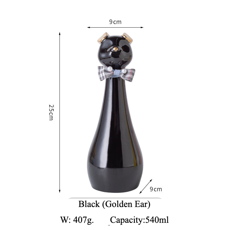 Yellow ceramic cat-shaped pet cremation urn with a glossy finish, featuring a stylish cat figure with a bow tie on a slender base, ideal for North American pet owners. This handcrafted urn provides secure ashes storage, perfect for home memorial display on mantels or shelves, with a vibrant yellow hue and elegant design.