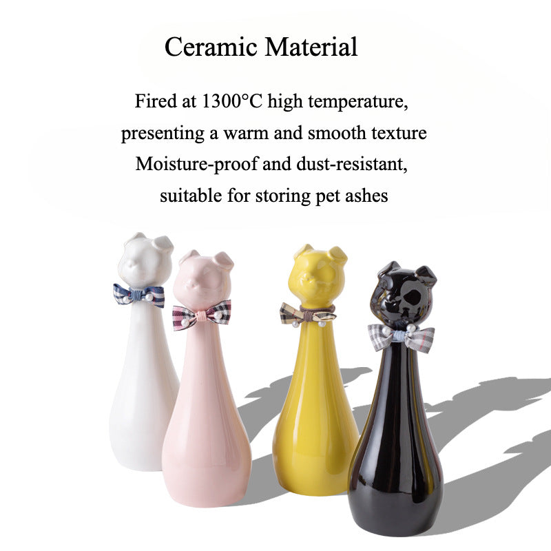 Yellow ceramic cat-shaped pet cremation urn with a glossy finish, featuring a stylish cat figure with a bow tie on a slender base, ideal for North American pet owners. This handcrafted urn provides secure ashes storage, perfect for home memorial display on mantels or shelves, with a vibrant yellow hue and elegant design.