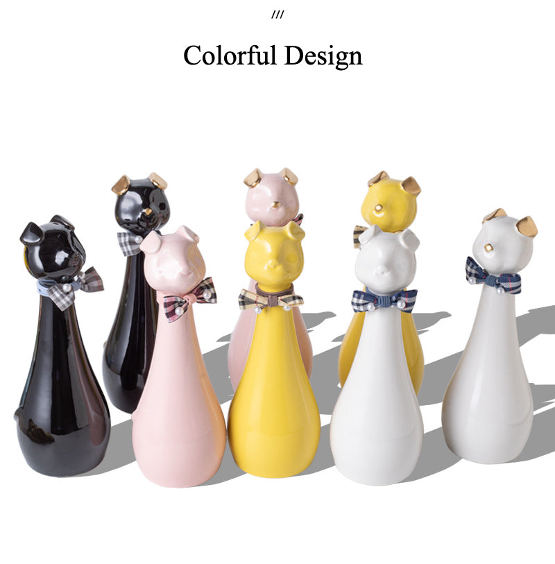 Yellow ceramic cat-shaped pet cremation urn with a glossy finish, featuring a stylish cat figure with a bow tie on a slender base, ideal for North American pet owners. This handcrafted urn provides secure ashes storage, perfect for home memorial display on mantels or shelves, with a vibrant yellow hue and elegant design.