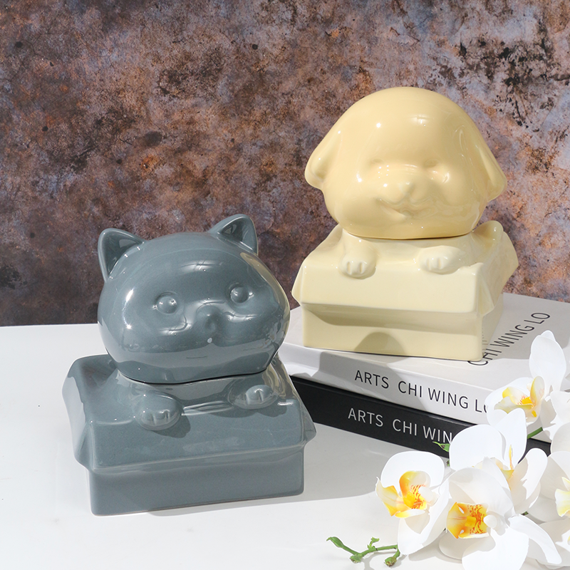 Orange ceramic dog-shaped pet urn with a glossy finish, featuring a cute dog figure on a square base, ideal for North American pet owners. This handcrafted memorial urn securely stores pet ashes, perfect for home display on mantels or shelves, offering a dignified tribute with its vibrant color and unique design.