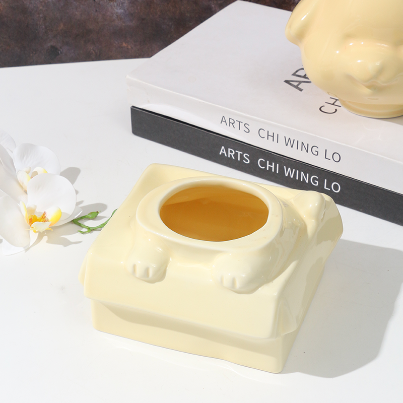 Orange ceramic dog-shaped pet urn with a glossy finish, featuring a cute dog figure on a square base, ideal for North American pet owners. This handcrafted memorial urn securely stores pet ashes, perfect for home display on mantels or shelves, offering a dignified tribute with its vibrant color and unique design.