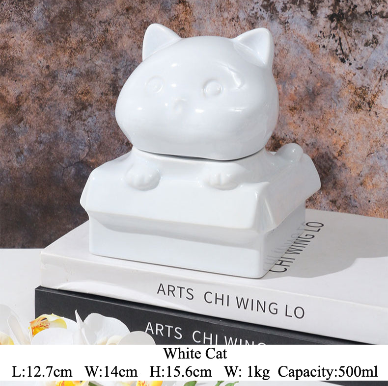 Orange ceramic dog-shaped pet urn with a glossy finish, featuring a cute dog figure on a square base, ideal for North American pet owners. This handcrafted memorial urn securely stores pet ashes, perfect for home display on mantels or shelves, offering a dignified tribute with its vibrant color and unique design.