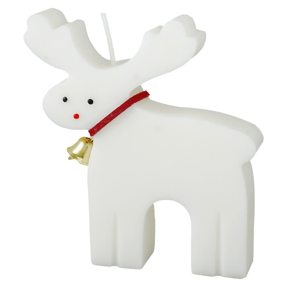 A festive white and red reindeer-shaped candle with a holiday-themed background, showcasing an adorable elk design. The Christmas Elk Candle is handcrafted, featuring strawberry and white peach oolong scents.