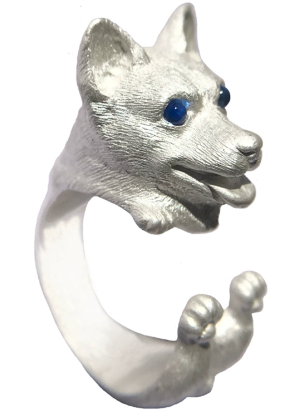 Handcrafted 925 silver Corgi ring with customizable gemstone eyes, available in silver and antique black finishes, perfect for pet lovers and custom memorial jewelry.