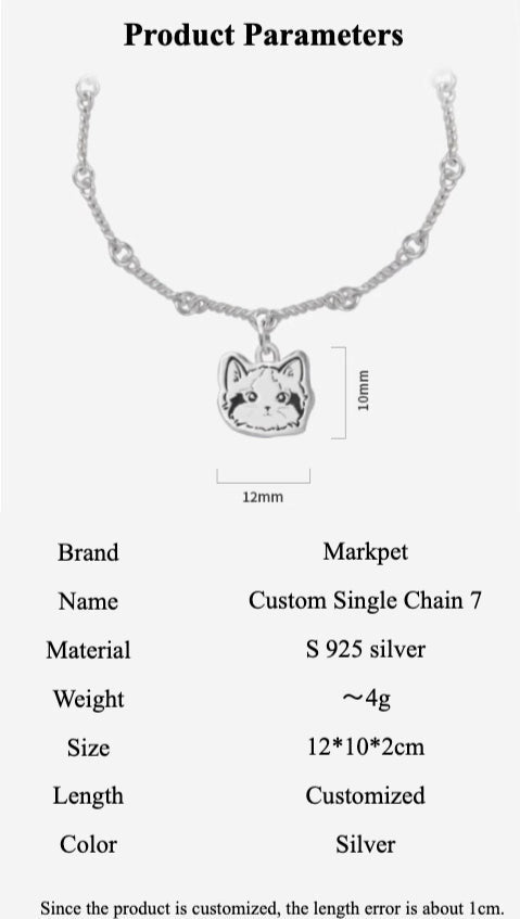 A beautifully handcrafted 925 silver bracelet featuring a custom cat portrait charm, designed to memorialize a beloved pet. The bracelet showcases intricate detailing that captures the likeness of the pet, making it a unique and personalized accessory for pet lovers. Perfect as a pet memorial keepsake or a special gift.






