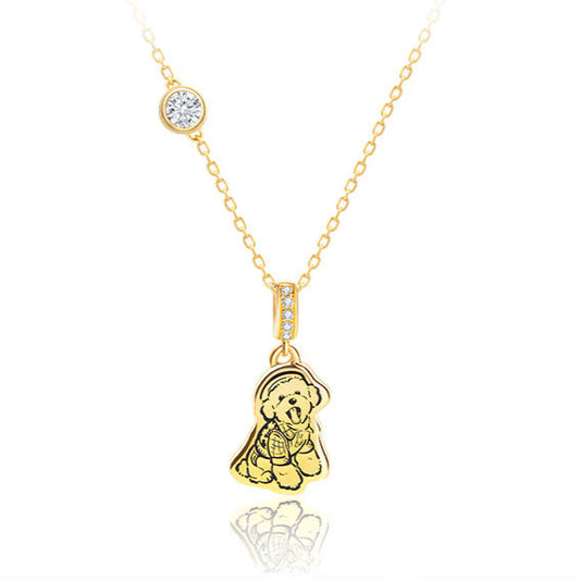Custom Heart Diamond Pet Necklace featuring a handcrafted charm with your pet’s portrait, made from S925 silver and accented with synthetic zircon. Available in rose gold and gold, this personalized necklace is perfect as a pet memorial or a thoughtful gift for pet lovers.