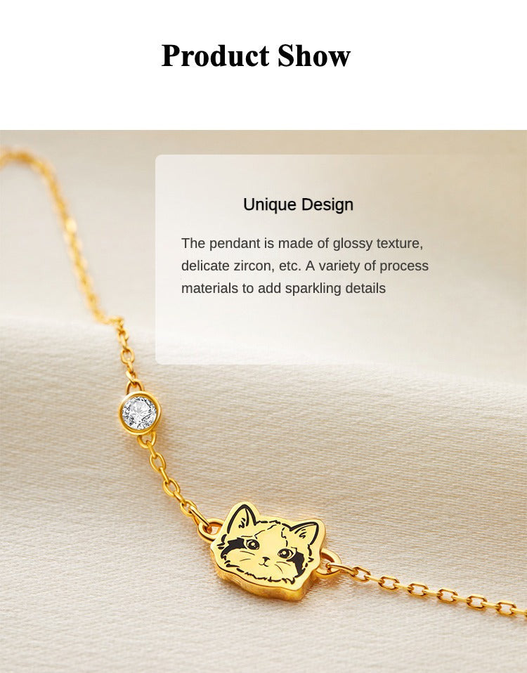 Close-up image of a Custom Pet Portrait Bracelet in S925 silver featuring a detailed charm of a pet's face. The bracelet includes a synthetic zircon stone accent, showcasing elegant craftsmanship. Perfect for pet lovers, this personalized bracelet is custom-made based on photos provided, capturing the unique likeness of a beloved pet. Handcrafted with care, it serves as a lasting tribute or memorial keepsake, emphasizing high-quality materials and attention to detail. Ideal for those seeking a unique and me