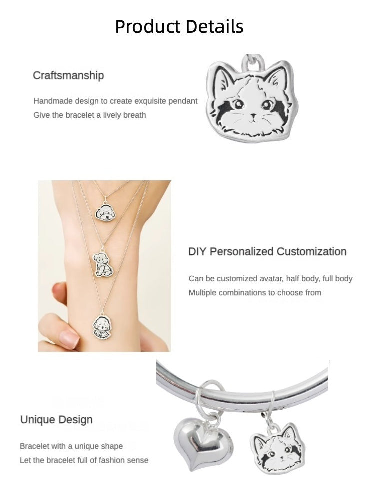 Custom Pet Portrait Bracelet made of S925 silver, featuring a personalized charm of your pet’s face and an additional heart charm. Handcrafted with precision, this bracelet is a perfect memorial keepsake or gift for pet lovers, highlighting unique customization and quality craftsmanship.

