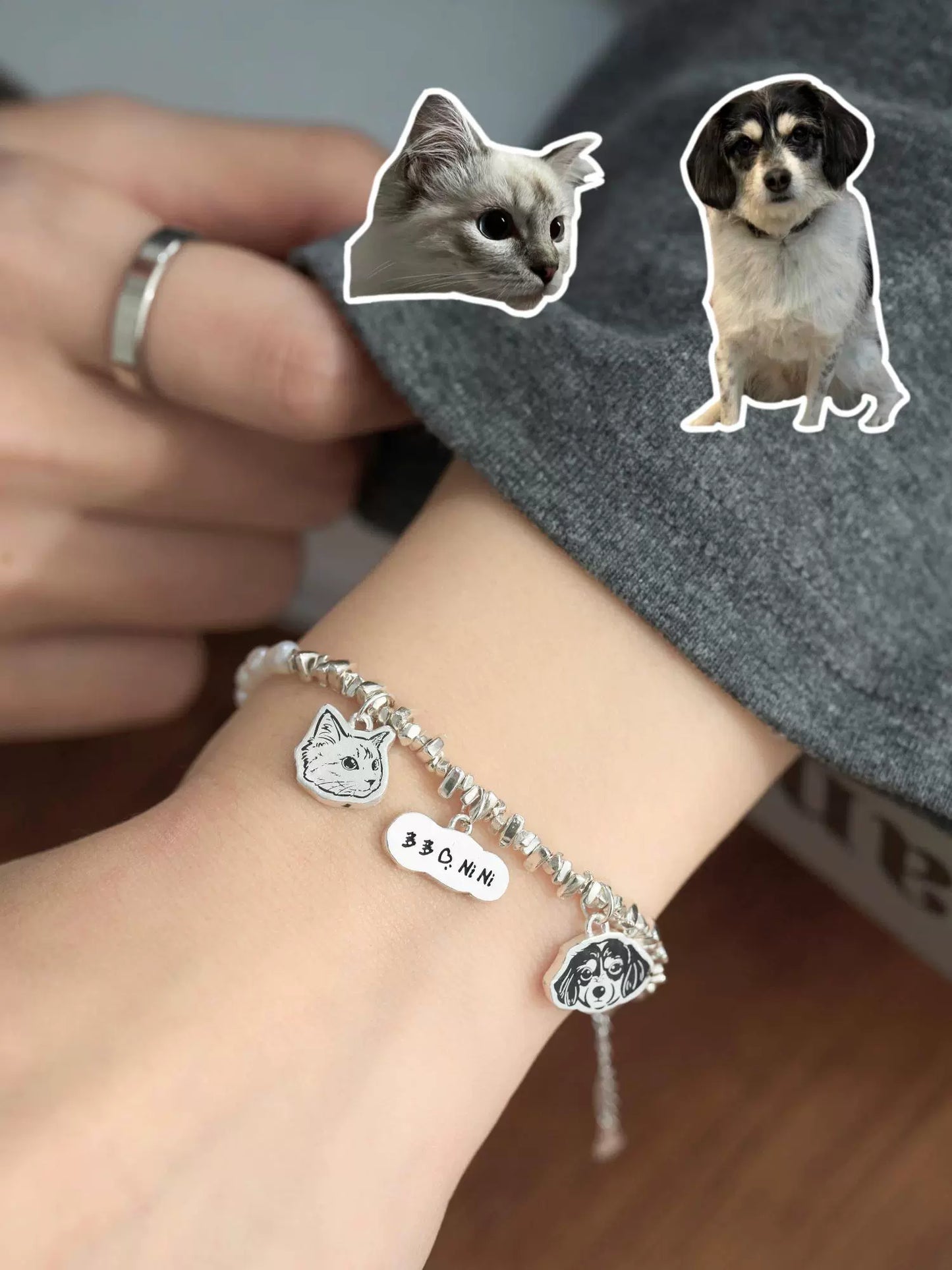 Custom Pet Portrait Bracelet made of S925 silver with detailed charm featuring a pet’s face, adorned with pearls. Handcrafted, personalized jewelry piece ideal for pet lovers, available in various styles. Perfect as a pet memorial or a unique gift.