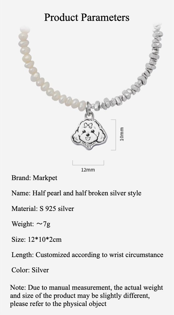 Custom Pet Portrait Bracelet made of S925 silver with detailed charm featuring a pet’s face, adorned with pearls. Handcrafted, personalized jewelry piece ideal for pet lovers, available in various styles. Perfect as a pet memorial or a unique gift.