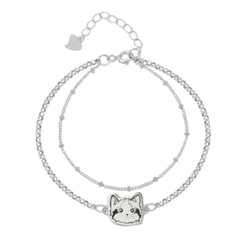 Custom Pet Portrait Bracelet featuring a double-chain design in S925 silver, with a personalized engraving of a pet's face based on a provided photo. This handmade bracelet captures the unique likeness of your pet, creating a meaningful keepsake for pet owners, available in silver, gold, or rose gold finishes. Ideal as a pet memorial gift or a personal memento.

