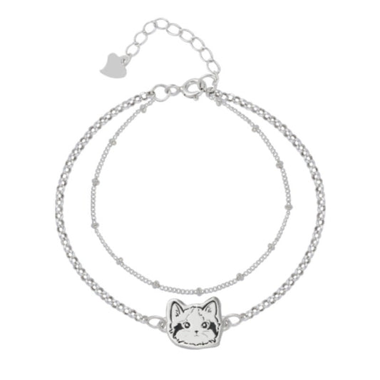 Custom Pet Portrait Bracelet featuring a double-chain design in S925 silver, with a personalized engraving of a pet's face based on a provided photo. This handmade bracelet captures the unique likeness of your pet, creating a meaningful keepsake for pet owners, available in silver, gold, or rose gold finishes. Ideal as a pet memorial gift or a personal memento.

