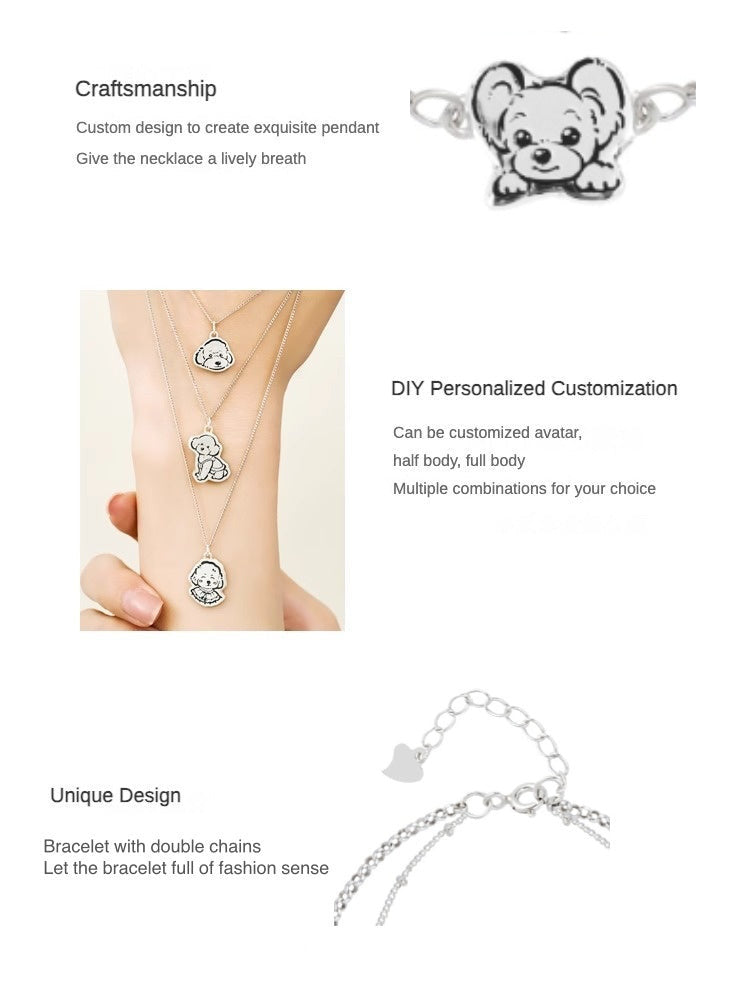 Custom Pet Portrait Bracelet featuring a double-chain design in S925 silver, with a personalized engraving of a pet's face based on a provided photo. This handmade bracelet captures the unique likeness of your pet, creating a meaningful keepsake for pet owners, available in silver, gold, or rose gold finishes. Ideal as a pet memorial gift or a personal memento.

