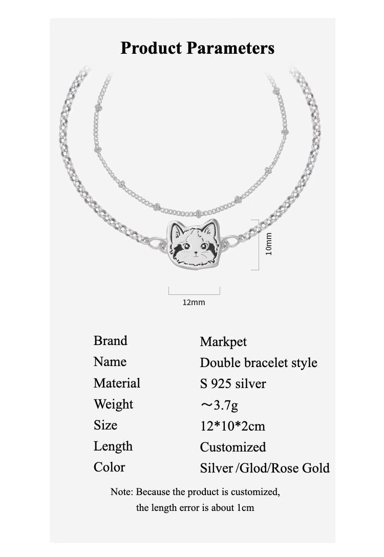Custom Pet Portrait Bracelet featuring a double-chain design in S925 silver, with a personalized engraving of a pet's face based on a provided photo. This handmade bracelet captures the unique likeness of your pet, creating a meaningful keepsake for pet owners, available in silver, gold, or rose gold finishes. Ideal as a pet memorial gift or a personal memento.

