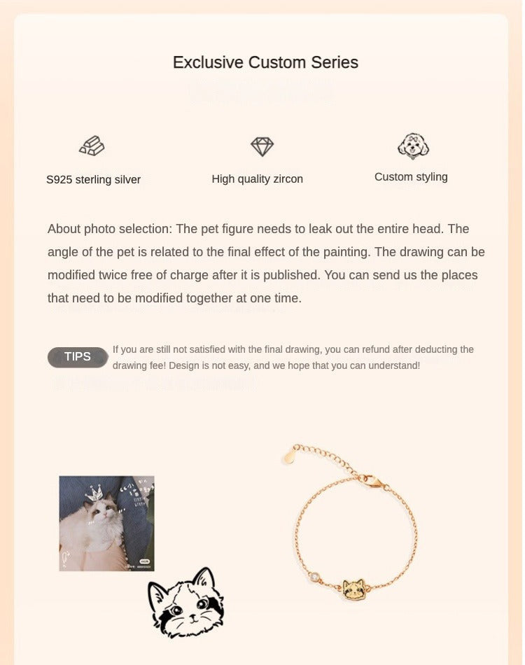  A close-up of a Custom Pet Portrait Bracelet featuring a personalized charm in 925 silver, displaying a detailed pet portrait. The bracelet showcases intricate craftsmanship and an adjustable chain, symbolizing a cherished bond between pet and owner. Ideal as a pet memorial or keepsake, crafted with care and precision.
