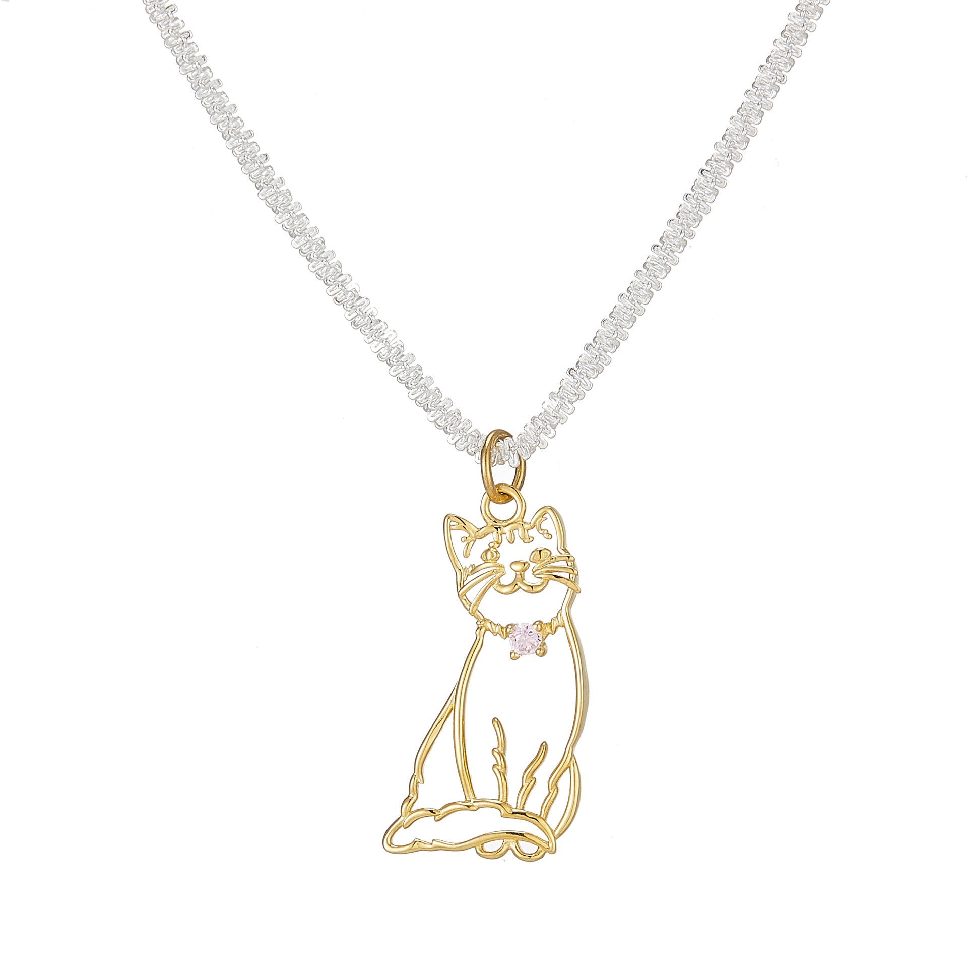 A delicate custom pet portrait necklace featuring a 925 silver pendant with a detailed outline of a cat. The necklace is elegantly displayed on a white jewelry stand, highlighting its intricate design and craftsmanship. This personalized pet jewelry piece serves as a beautiful keepsake for pet lovers, capturing the essence of their furry friends in silver.