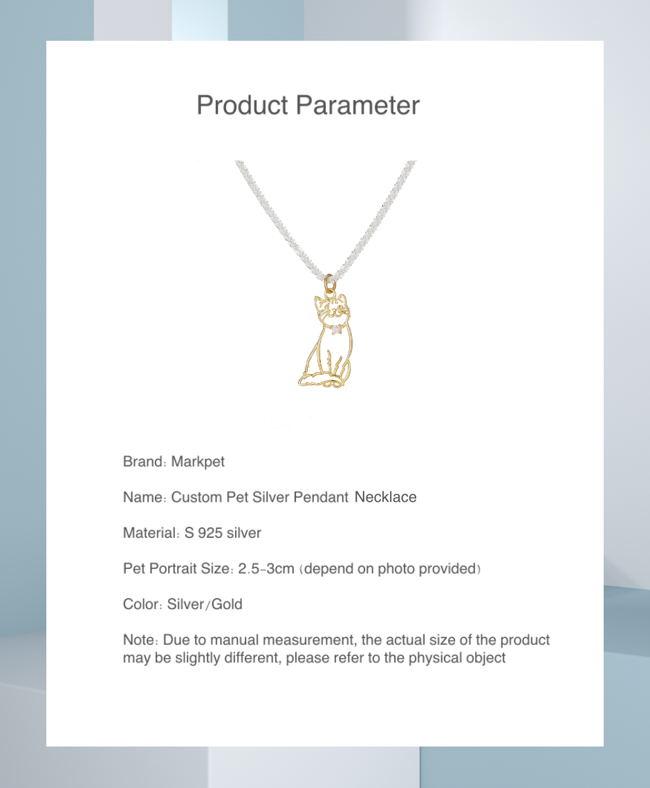 A delicate custom pet portrait necklace featuring a 925 silver pendant with a detailed outline of a cat. The necklace is elegantly displayed on a white jewelry stand, highlighting its intricate design and craftsmanship. This personalized pet jewelry piece serves as a beautiful keepsake for pet lovers, capturing the essence of their furry friends in silver.