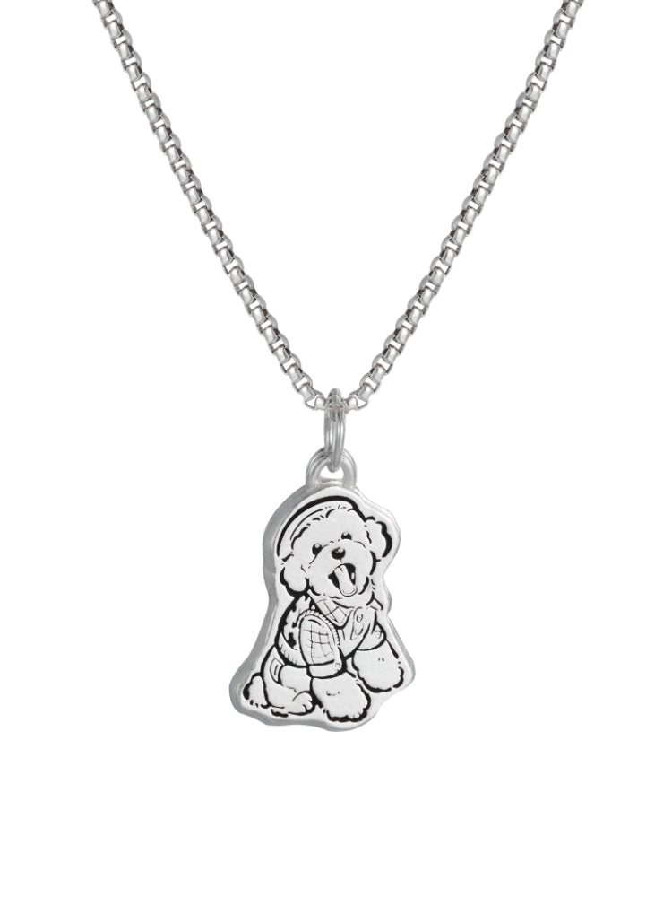 Close-up image of a Custom Pet Portrait Necklace crafted in 925 silver, featuring a detailed pet pendant. This personalized jewelry piece captures a custom pet portrait, making it a perfect memorial or everyday accessory for pet lovers. Handmade with precision to reflect the pet's unique features, available in headshot, half-body, or full-body designs.