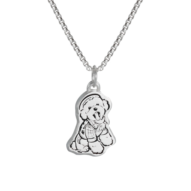 Close-up image of a Custom Pet Portrait Necklace crafted in 925 silver, featuring a detailed pet pendant. This personalized jewelry piece captures a custom pet portrait, making it a perfect memorial or everyday accessory for pet lovers. Handmade with precision to reflect the pet's unique features, available in headshot, half-body, or full-body designs.