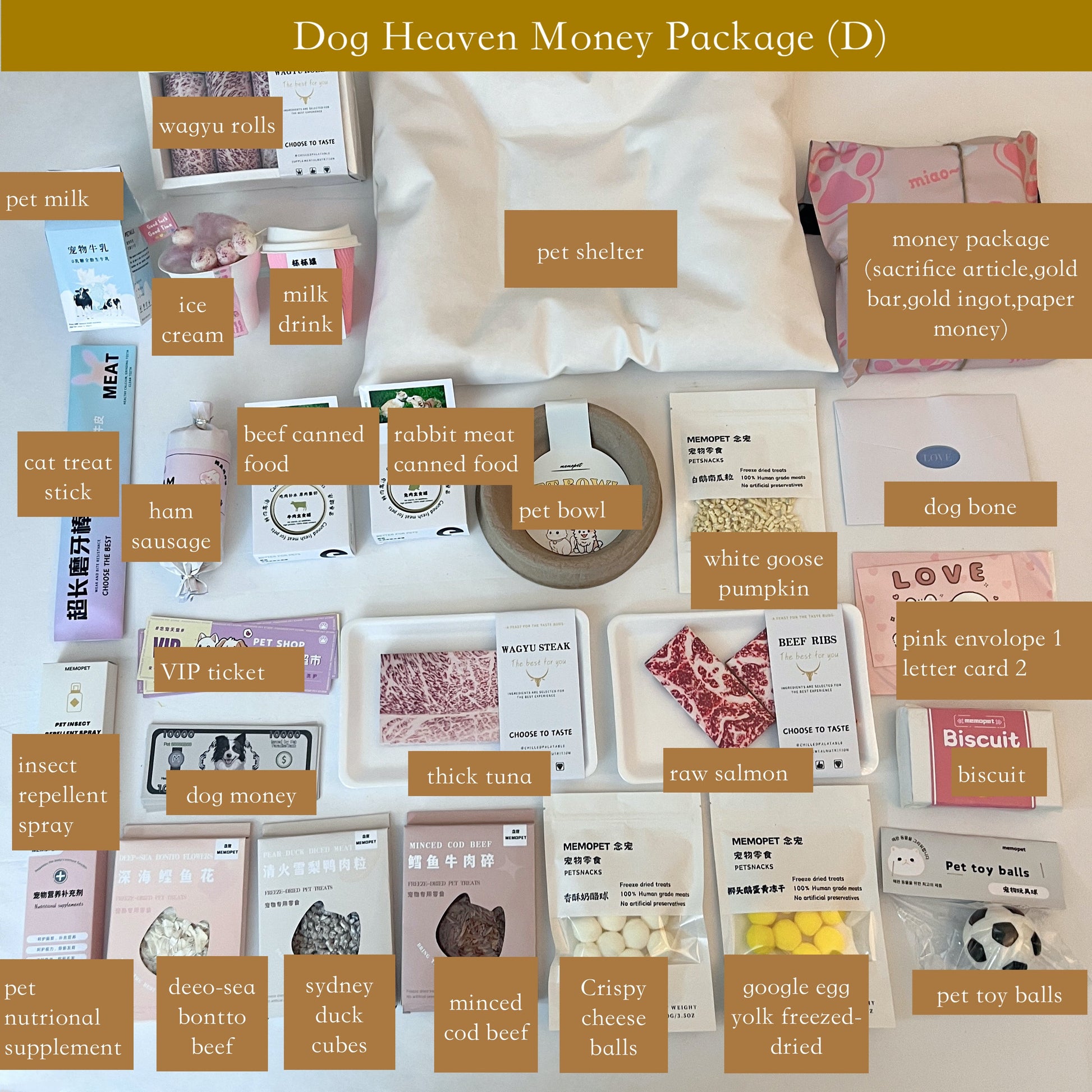 Dog Heaven Money Package for Sacrifice, featuring premium items like wagyu steak, pet milk, and luxury accessories to honor and commemorate your beloved pet’s memory, ensuring comfort and joy in the afterlife.
