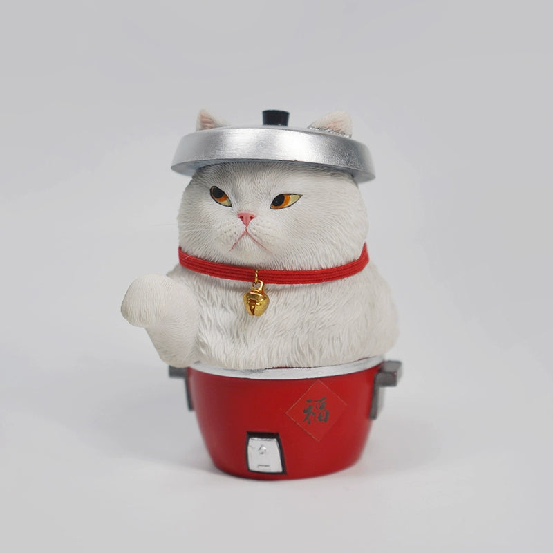 A collection of four Lucky Dharma Cat Models, each featuring a different cat in a pot design. These figurines showcase cats with different fur patterns and colors, adorned with a red collar and a bell. Each cat sits comfortably with a raised paw, wearing a pot lid as a hat, symbolizing good fortune and prosperity.