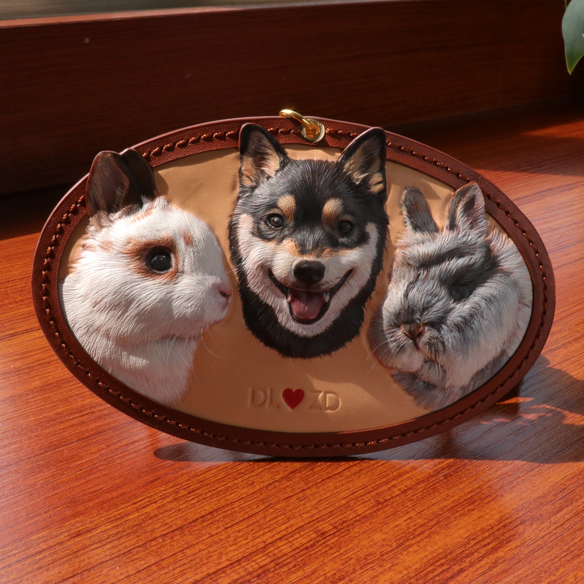 Custom Handmade Triple Pet Leather Carving - 3D Realistic Pet Portrait Collection.