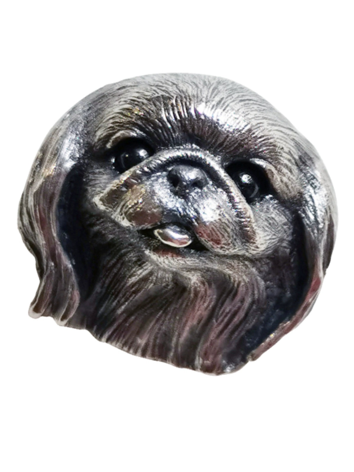 Close-up of an intricately hand-carved long-haired Pekingese pendant in 925 silver, featuring detailed fur and expression, with gemstone-set eyes, shown in both silver and antique black finish options. This unique pendant captures the spirit of a beloved pet, offering a timeless keepsake.