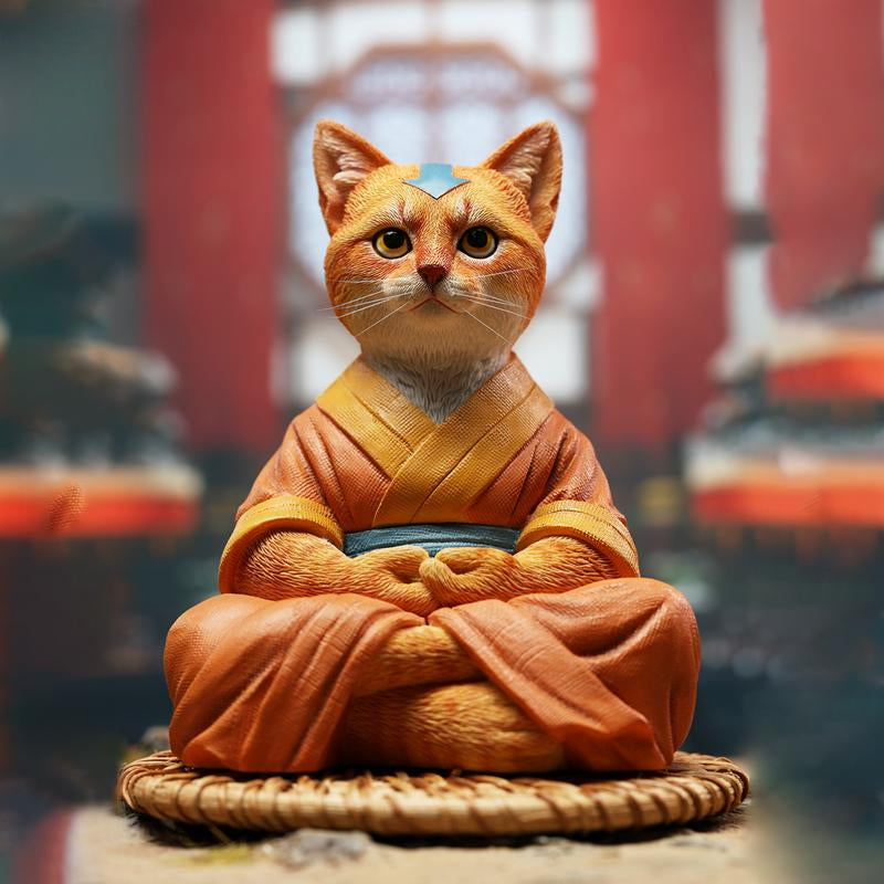 A handcrafted Airbender Cat Figurine in a meditative pose, dressed in an orange robe with a blue sash, sitting on a rattan-weaved cushion. This finely detailed resin sculpture captures the tranquility of mindfulness, perfect for cat lovers and meditation enthusiasts. An ideal collectible and decorative accent for any serene space.