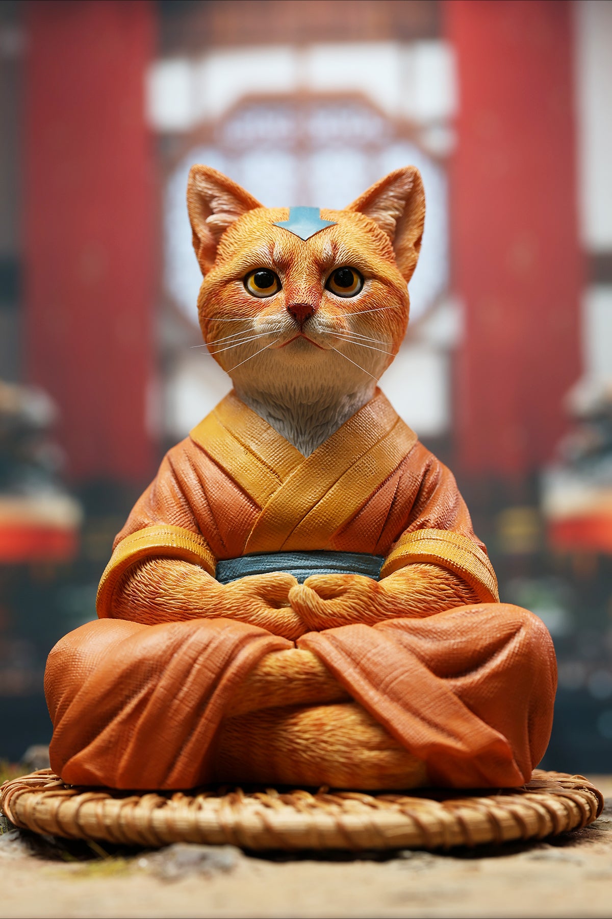 A handcrafted Airbender Cat Figurine in a meditative pose, dressed in an orange robe with a blue sash, sitting on a rattan-weaved cushion. This finely detailed resin sculpture captures the tranquility of mindfulness, perfect for cat lovers and meditation enthusiasts. An ideal collectible and decorative accent for any serene space.
