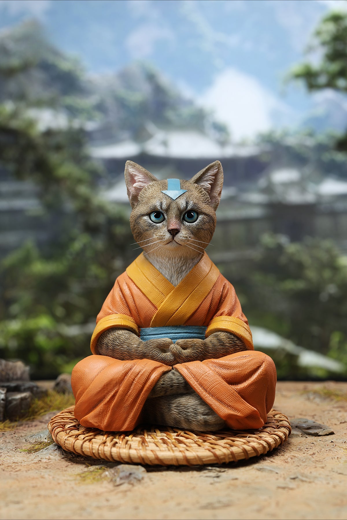 A handcrafted Airbender Cat Figurine in a meditative pose, dressed in an orange robe with a blue sash, sitting on a rattan-weaved cushion. This finely detailed resin sculpture captures the tranquility of mindfulness, perfect for cat lovers and meditation enthusiasts. An ideal collectible and decorative accent for any serene space.