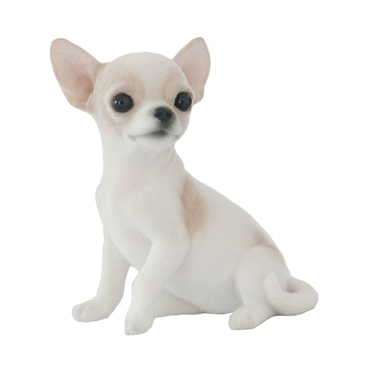 1/6 scale Chihuahua simulation animal models featuring realistic and detailed representations of the Chihuahua breed. These figurines showcase the distinct features of Chihuahuas, including their expressive eyes and alert ears. Available in various colors, these models are perfect for collectors and dog enthusiasts, adding a charming touch to any decor.