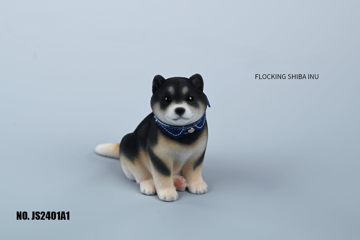 A set of three flocking Shiba Inu dog models in different colors - black, white, and tan. Each model features a realistic and adorable design with a collar in different colors: blue, yellow, and red. The dogs are shown in various poses, including waving, standing, and sitting.