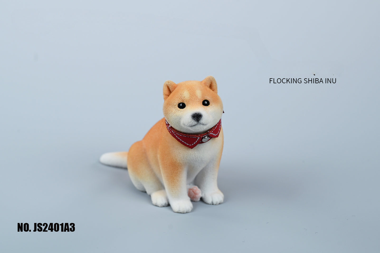 A set of three flocking Shiba Inu dog models in different colors - black, white, and tan. Each model features a realistic and adorable design with a collar in different colors: blue, yellow, and red. The dogs are shown in various poses, including waving, standing, and sitting.