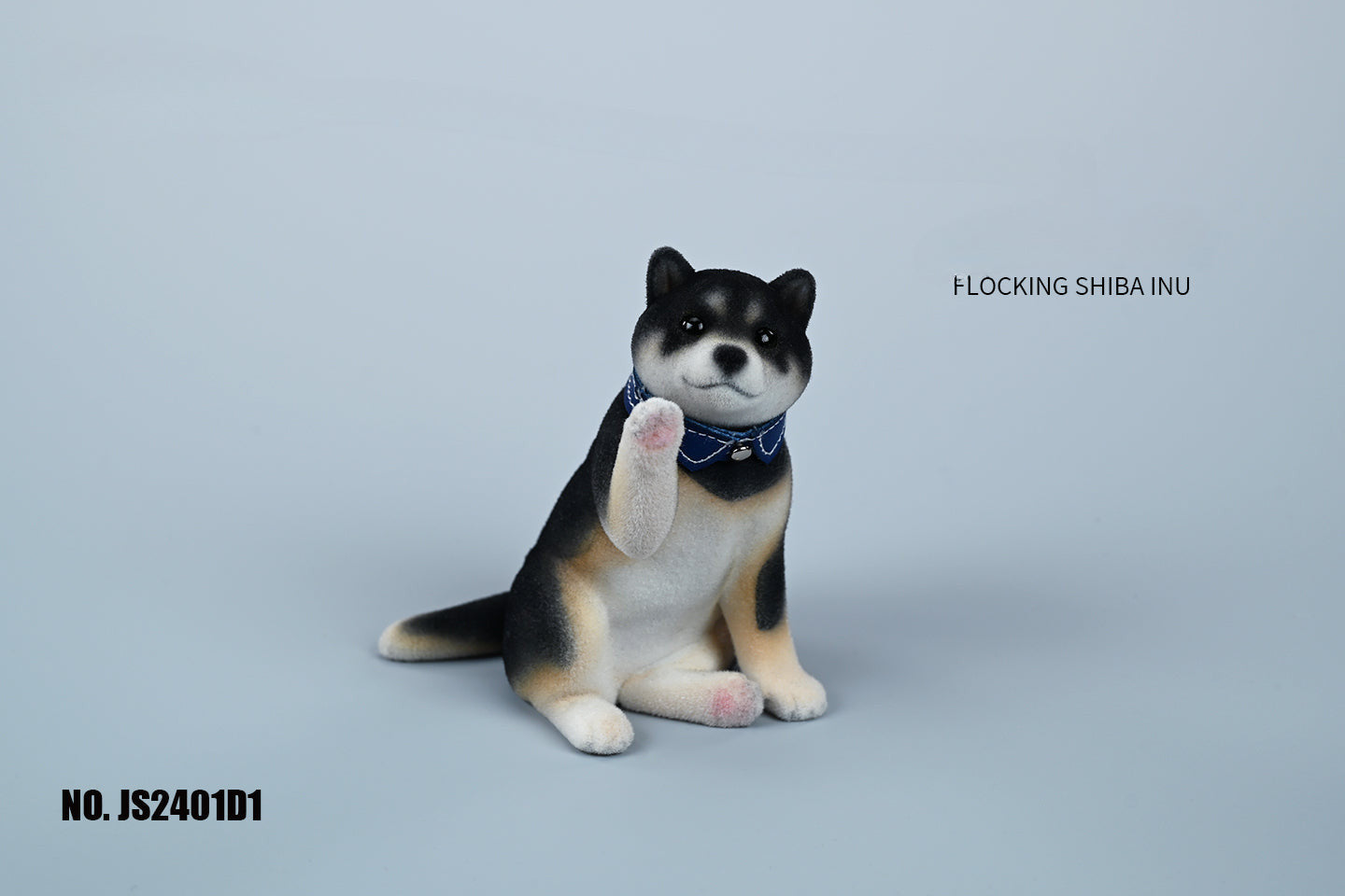 A set of three flocking Shiba Inu dog models in different colors - black, white, and tan. Each model features a realistic and adorable design with a collar in different colors: blue, yellow, and red. The dogs are shown in various poses, including waving, standing, and sitting.