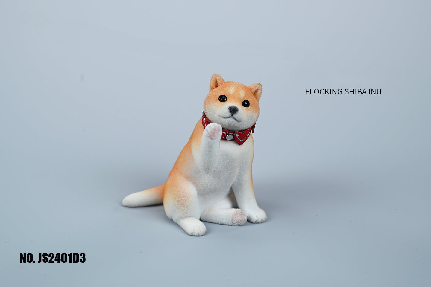 A set of three flocking Shiba Inu dog models in different colors - black, white, and tan. Each model features a realistic and adorable design with a collar in different colors: blue, yellow, and red. The dogs are shown in various poses, including waving, standing, and sitting.