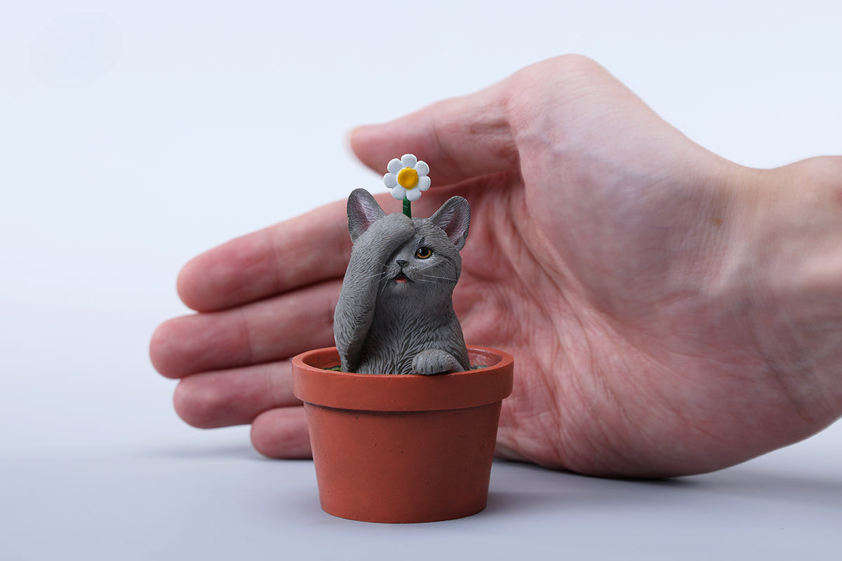 This charming Flower Pot Cat Model features a playful kitten peeking out of a terracotta pot with a small yellow rubber duck on its head. The series includes multiple variations, each with a different accessory atop the cat's head. This delightful ornament brings a touch of whimsy and cheer to any space, perfect for cat lovers and collectors alike. The detailed craftsmanship and vibrant colors make it a standout piece in any collection.