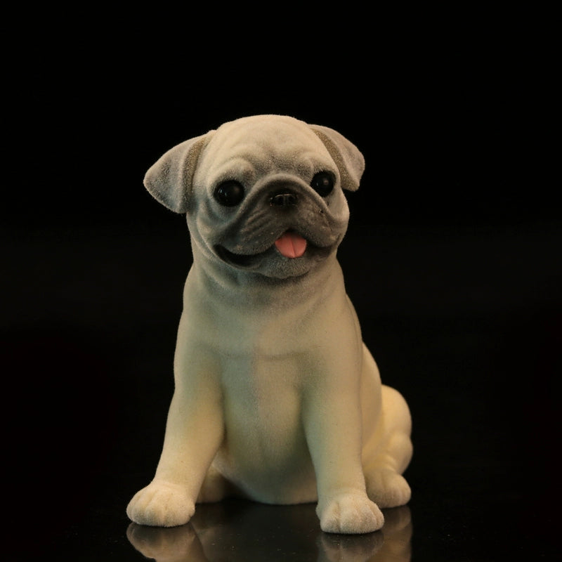 A collection of 1/6 scale Flocking Pug models featuring detailed and realistic representations of pugs in various poses. These figurines showcase the breed's distinctive facial features and playful expressions, with a soft, velvety texture achieved through flocking. Perfect for collectors and dog enthusiasts, these models add a cute and charming touch to any decor.