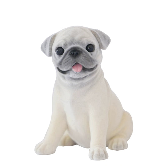 A collection of 1/6 scale Flocking Pug models featuring detailed and realistic representations of pugs in various poses. These figurines showcase the breed's distinctive facial features and playful expressions, with a soft, velvety texture achieved through flocking. Perfect for collectors and dog enthusiasts, these models add a cute and charming touch to any decor.