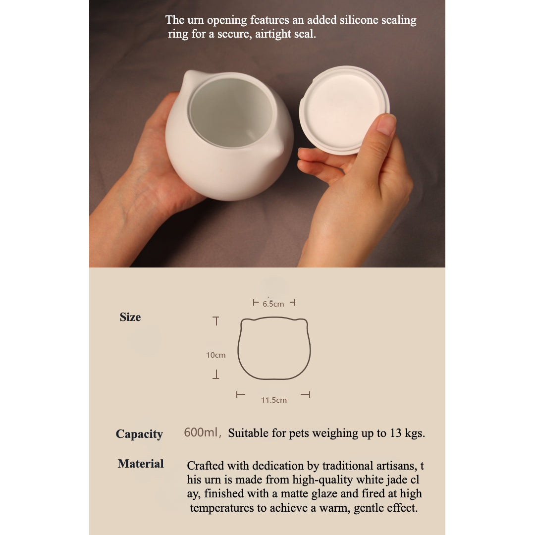 This white cat ceramic pet urn features a charming cat-shaped design with a detachable photo frame and included candle, measuring 15cm tall and 10cm wide, holding 200ml of ashes. Perfect for North American pet owners memorializing small pets like cats or kittens, it offers secure storage and a heartfelt display for shelves or mantels.