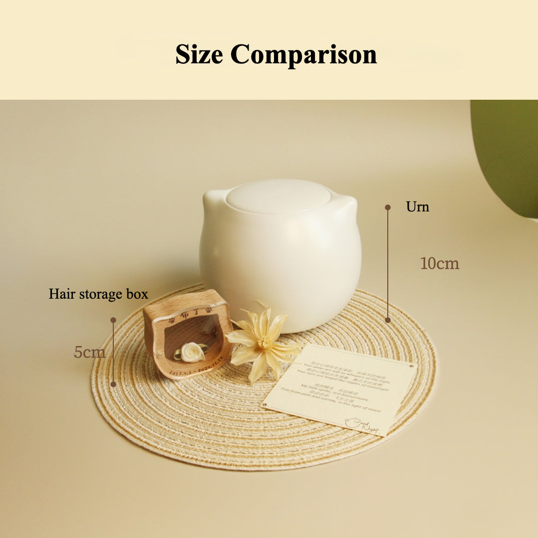 This white cat ceramic pet urn features a charming cat-shaped design with a detachable photo frame and included candle, measuring 15cm tall and 10cm wide, holding 200ml of ashes. Perfect for North American pet owners memorializing small pets like cats or kittens, it offers secure storage and a heartfelt display for shelves or mantels.