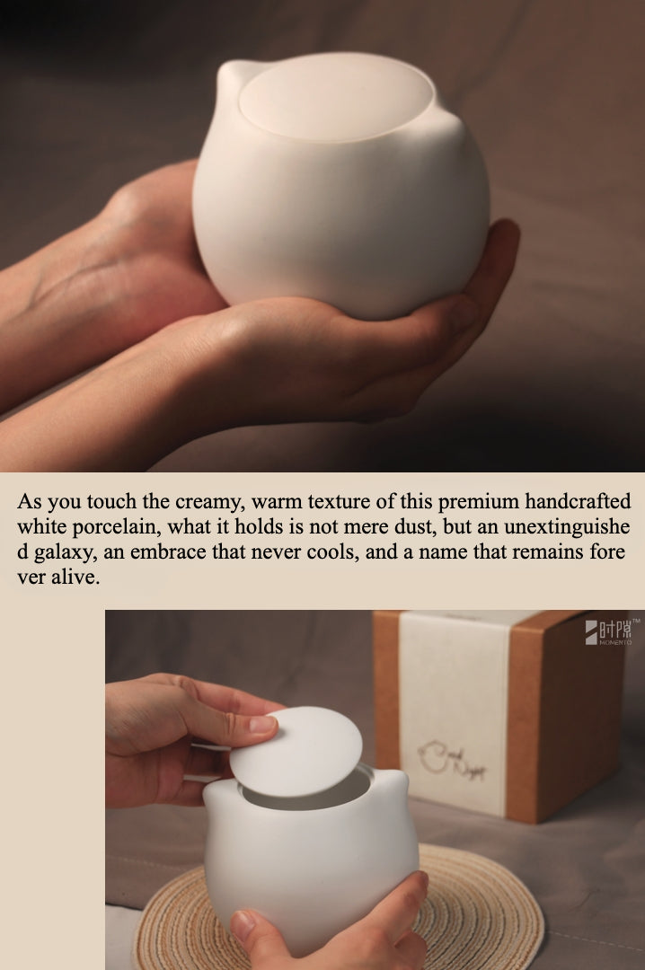 This white cat ceramic pet urn features a charming cat-shaped design with a detachable photo frame and included candle, measuring 15cm tall and 10cm wide, holding 200ml of ashes. Perfect for North American pet owners memorializing small pets like cats or kittens, it offers secure storage and a heartfelt display for shelves or mantels.