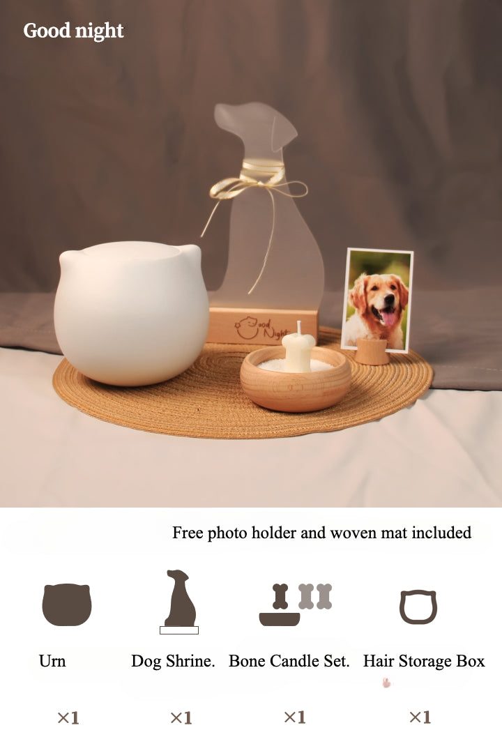 The Good Night Pet Memorial Set (Dog) includes a white ceramic pet urn with a silicone-sealed lid, dog shrine, bone candle set, and hair storage box, measuring 15cm tall and 10cm wide, holding 200ml for pets up to 25 pounds. Ideal for North American dog owners, it offers a warm, handcrafted memorial display for shelves or tables.
